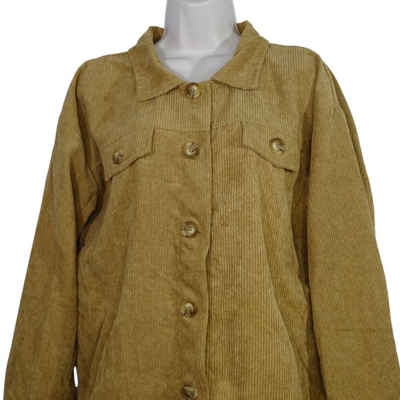 Corduroy Button Up Shirt Jacket Tan Women Size L Long Sleeve Pockets - Picture 2 of 11